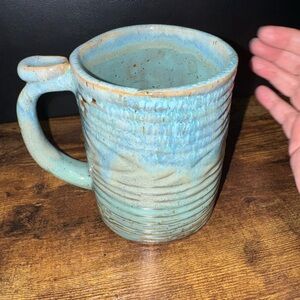Signed Handcrafted Blue/green Ceramic Pottery Mug good size / extra thumb grip